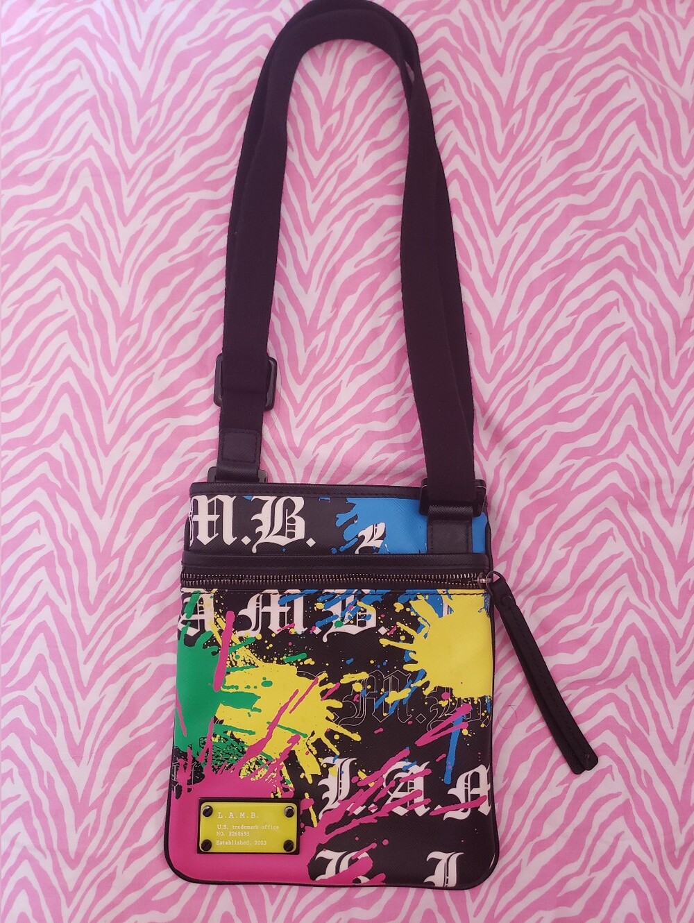 Gwen Stefani L.A.M.B. Crossbody Bag Love Angel Music Baby. Paint splatter graffi